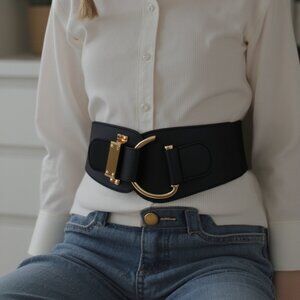 Women Gold Metal Hook Buckle Black Belt Wide Elastic Fabric Hip Waist Fit S M